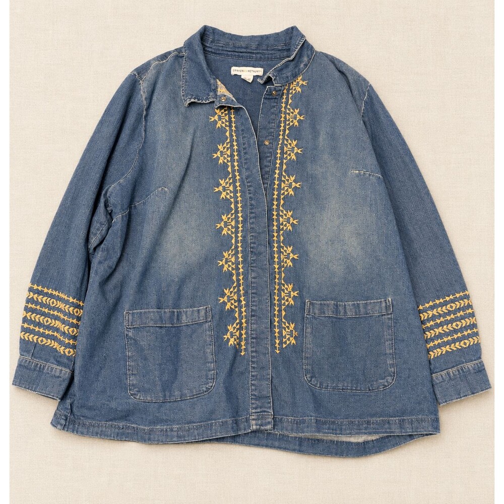 Canyon Retreat Embroidered Denim Jacket 2X Blue Southwestern Snap Front Pockets